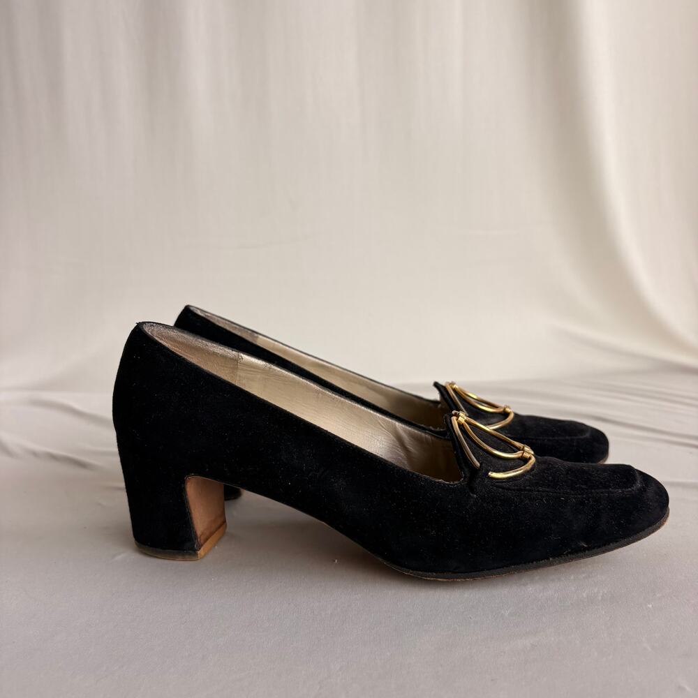 Vintage Ferragamo Black Suede Heeled Loafers - Gold Hardware, 7.5